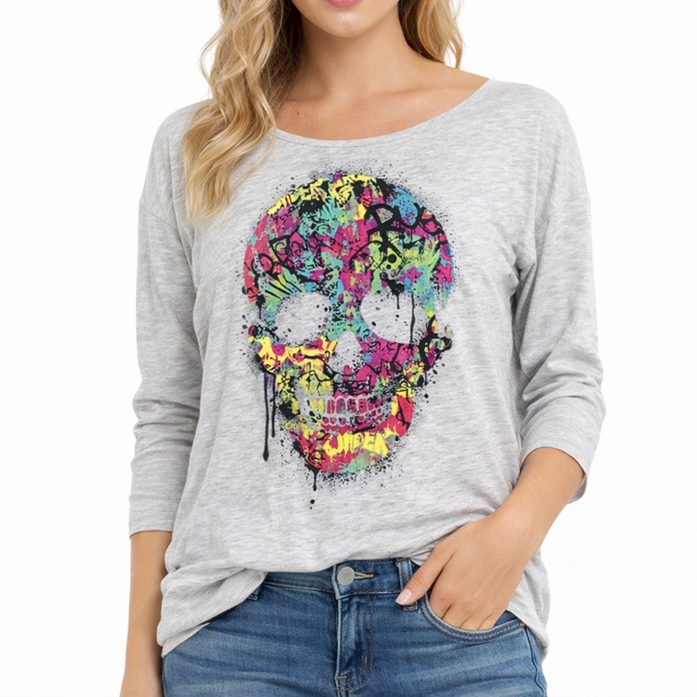 Rocker Girl Colorful Skull Skeleton Long Sleeve Hi‎ Lo Hem Keyhole Back Top XL